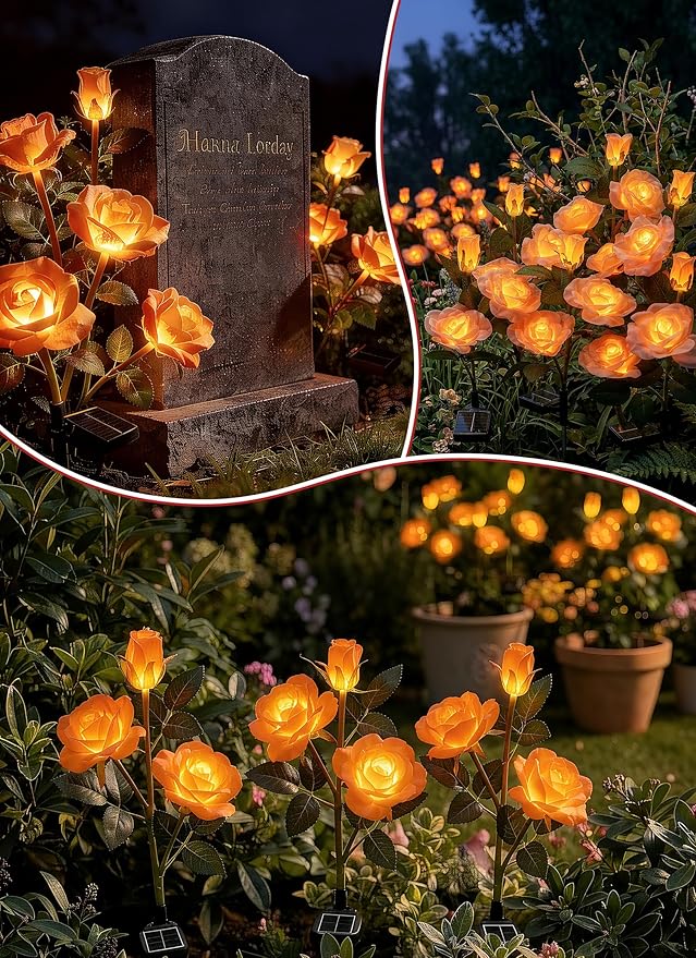 Brightown Outdoor Solar Flower Lights, 4 Pack Solar Garden Light with Larger & More Realistic Champagne Rose, Bigger Solar Panel, Waterproof Solar Lights Outdoor for Yard Garden Lawn Pathway Decor