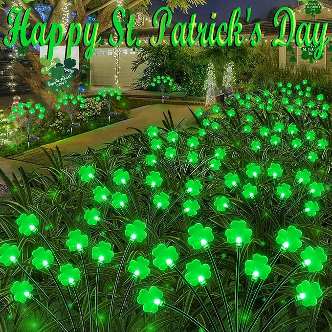 2 Pack St Patricks Day Decorations Solar Outdoor Lights, 18 LED Lucky Green Shamrock Irish Firefly Solar Lights, 2 Modes Waterproof St Patricks Day Light for Yard Garden Lawn Pathway Decor