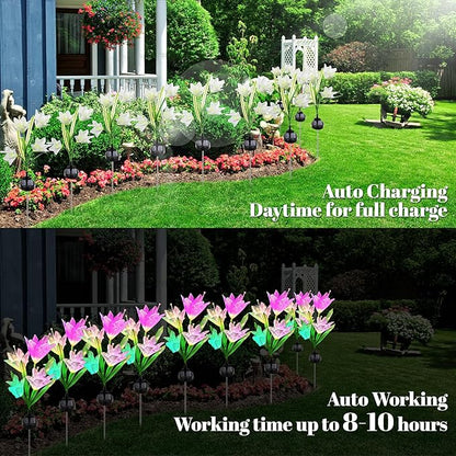 Solar Powered Lily Flower Lights Outdoor, Waterproof Color Changing Garden Lights with Large Solar Panel, 2 Pack for Patio, Yard, Pathway Decoration