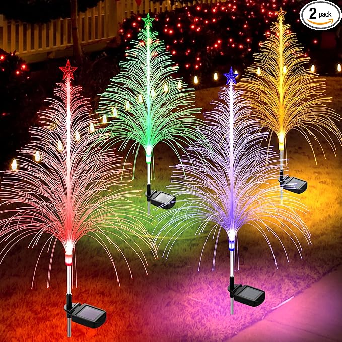 4 Packs Christmas Tree Solar Garden Light with Multi-Colored Change, Auto ON/Off Outdoor Yard Light, Solar Lighting for Garden, Porch, Christmas and Festival Decoration (S_Size)