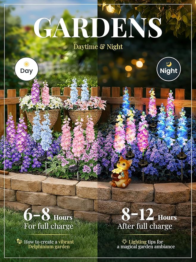 GIGALUMI Solar Lights Outdoor for Garden Decor, 3 Pack Solar Flower Lights Waterproof, 2 Lighting Modes Delphinium for Pathway,Yard, Patio Decoration, Gardening Gifts for Women (Multi-Colored)