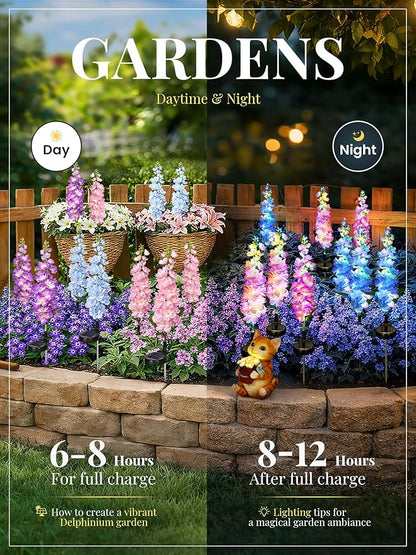 GIGALUMI Solar Lights Outdoor for Garden Decor, 3 Pack Solar Flower Lights Waterproof, 2 Lighting Modes Delphinium for Pathway,Yard, Patio Decoration, Gardening Gifts for Women (Multi-Colored)