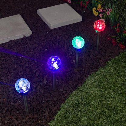 Alpine Corporation 15" H Outdoor Solar Glass Ball Pathway Lights with Color Changing LEDs, Silver - Set of 4
