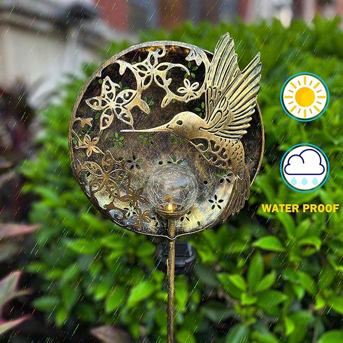 Hummingbird Solar Light Garden Outdoor Decoration Hollow Carving Flowers Crackle Glass Ball Metal Stake for Pathway | Lumora
