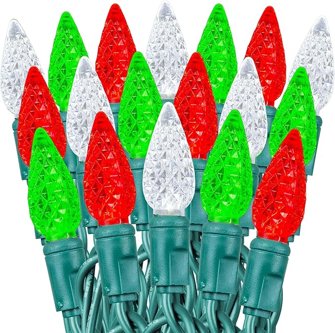 70 Light 24Ft Commercial Christmas String Lights C6 LED Strawberry Faceted Bulb – Red/Green/Pure White, Green Wire | Lumora