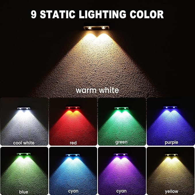 Solar Fence Lights Outdoor, 2 Pack Color Changing Fence Lights Solar Powered with 9 RGB Colors & 11 Lighting Modes, IP65 Waterproof Dusk to Dawn Fence Lights for Patio, Deck, Wall, Backyard