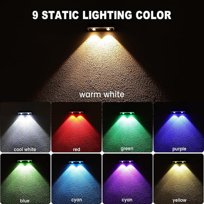 Solar Fence Lights Outdoor, 2 Pack Color Changing Fence Lights Solar Powered with 9 RGB Colors & 11 Lighting Modes, IP65 Waterproof Dusk to Dawn Fence Lights for Patio, Deck, Wall, Backyard