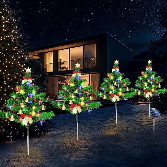 Solar Christmas Tree Pathway Stake Lights, 4 Pack Outdoor Christmas Tree Decorations, Multicolor 8 Lighting Modes Waterproof Solar Powered Lights for Outside Garden Yard Cemetery Xmas