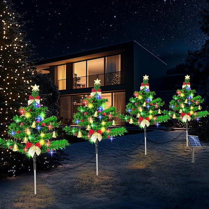 Solar Christmas Tree Pathway Stake Lights, 4 Pack Outdoor Christmas Tree Decorations, Multicolor 8 Lighting Modes Waterproof Solar Powered Lights for Outside Garden Yard Cemetery Xmas