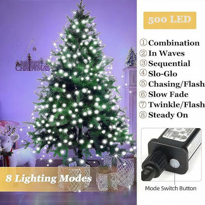 Tcamp 164FT 500 LED White Christmas Lights, 8 Modes Christmas Tree Lights with Timer Memory Function, Green Wire Starry Fairy String Light for Xmas Tree Outdoor Indoor Decor