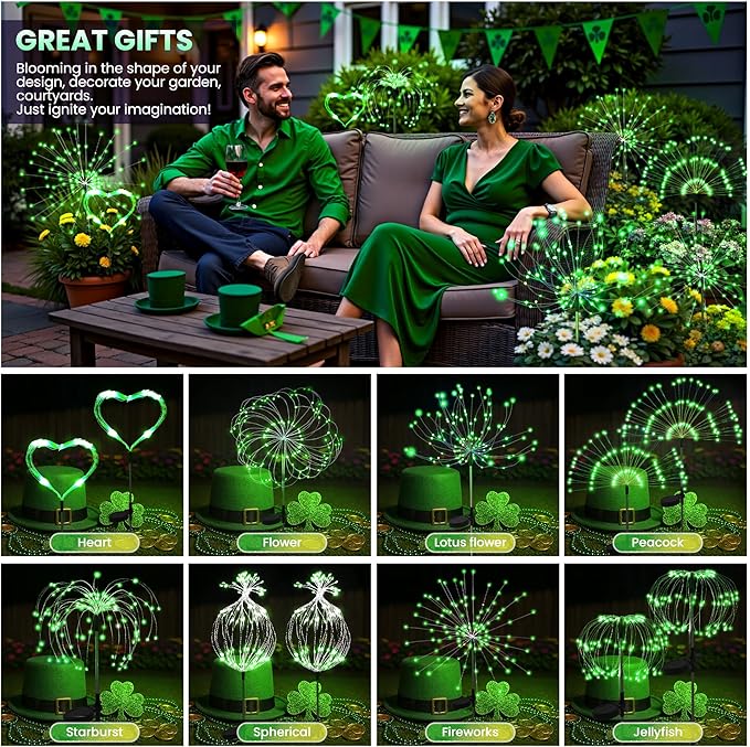 6 Pack St. Patrick's Day Solar Lights Outdoor, Solar Garden Lights Outside Fairy Firework Decorative,Solar Powered for Wedding,Yard Pathway Party Balcony Patio Decor (Green