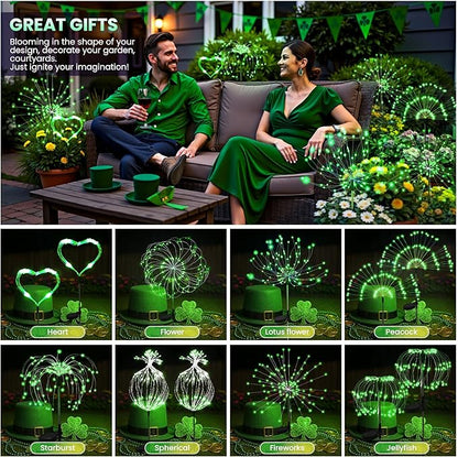 6 Pack St. Patrick's Day Solar Lights Outdoor, Solar Garden Lights Outside Fairy Firework Decorative,Solar Powered for Wedding,Yard Pathway Party Balcony Patio Decor (Green