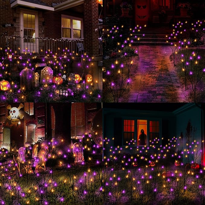 ODEETRONIC Purple & Orange Halloween Pathway Lights 3 Pack – 7.54ft 8 Modes Halloween Stake Lights, 30 LED Purple & Orange Candle Light with Timer, Battery Pathway Light for Outdoor Porch Garden Decor