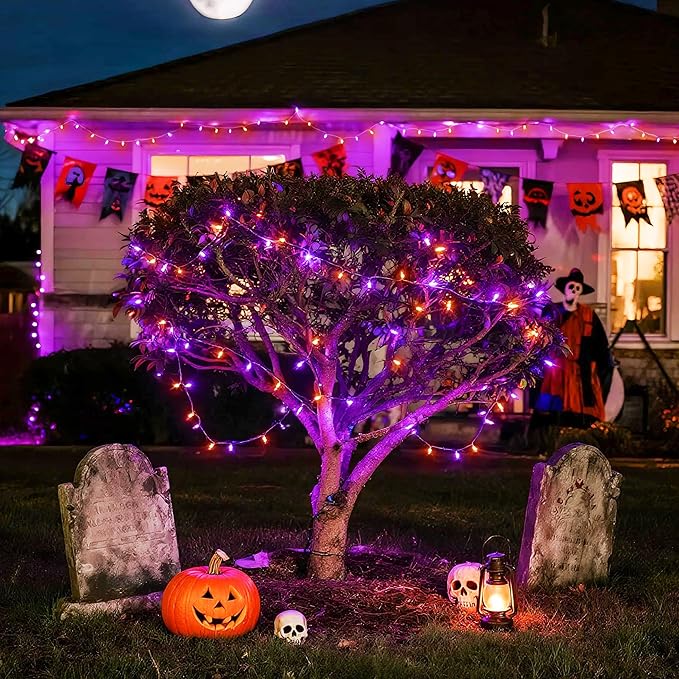JMEXSUSS 163 FT 500 LED Halloween String Lights Indoor, Orange and Purple Halloween Lights Outdoor, 8 Modes Outdoor Waterproof Clear Wire Christmas String Light Plug in