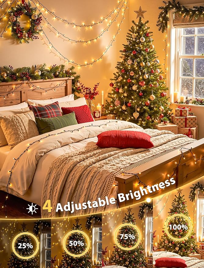 Hopolon String Lights Indoor Outdoor, 33 FT 100 LED Connectable Green Wire Twinkle Fairy Lights, Plug in Christmas Light Waterproof for Wedding Party Patio Spring Decor (Warm White with Remote)