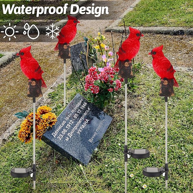 Baquler 4 Pack Solar Cardinal Stake Light Cardinal Decor Garden Red Bird Figurine Memorial Solar Light Outdoor Pathway Yard Lawn Ornaments for Outside Decorations Grave Valentine Gifts Women