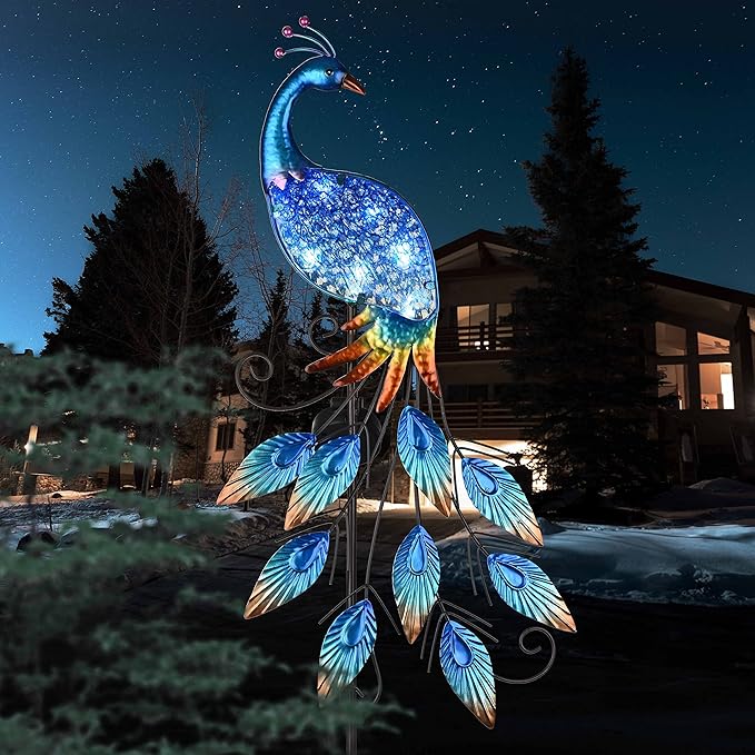 TERESA'S COLLECTIONS Garden Decor Blue Peacock with Solar Outdoor Lights, 40" Glass Yard Art for Outside | Lumora