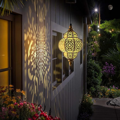 Hanging Solar Lights Outdoor Garden Decor Solar Lantern Waterproof Plastic Moroccan Outdoor Decorations for Patio Pathway Yard Backyard Garden Decorative (1 Pack, Bronze)