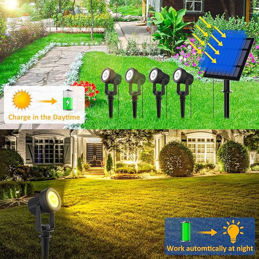 T-SUNUS Solar Christmas Spotlight Outdoor Warm White 3000K, 4-in-1 Spot Lights IP65 Waterproof 9.8ft Cable 5W Separated Panel, Auto On/Off for Garden Flag Tree Patio Yard Driveway Pathway Halloween