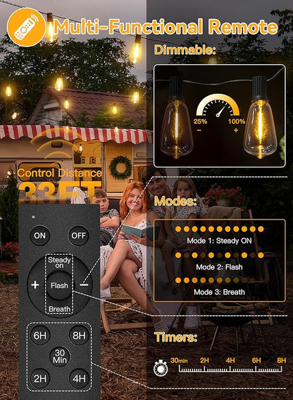 Ollny 15+1 LEDs ST38 Solar String Lights, 30 FT USB & Solar Dual Charging Outdoor String Lights, 3 Modes 5 Timers 10 Brightness 2200K Waterproof Patio Lights for Porch Garden Market Bistro Camping