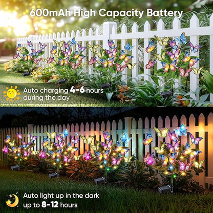 Solar Lights Outdoor Garden Decor: 4 Pack 68 Silk Butterflies with 88 Color-Changing LEDs - Auto On/Off 12H Magical Lighting IP65 Waterproof for Yard Patio Pathway - Unique Gifts for Mom Grandma