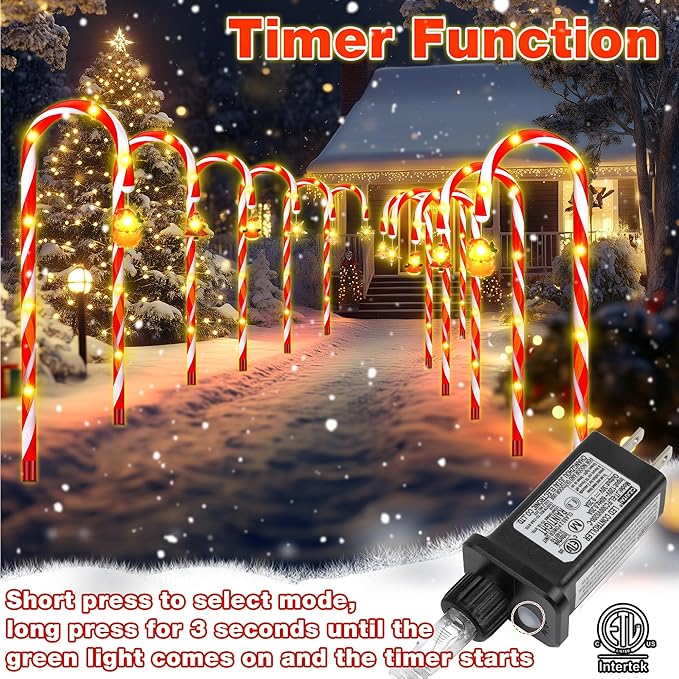 12-Pack 22" Christmas Candy Cane Lights Outdoor Pathway - Waterproof IP65, 8 Lighting Modes with Timer, Christmas | Lumora