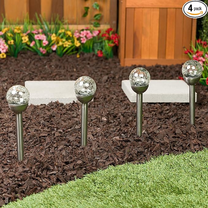 Alpine Corporation 15" H Outdoor Solar Glass Ball Pathway Lights with Color Changing LEDs, Silver - Set of 4