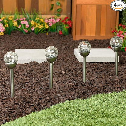 Alpine Corporation 15" H Outdoor Solar Glass Ball Pathway Lights with Color Changing LEDs, Silver - Set of 4