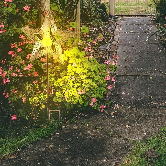 Kichvoe Outdoor Solar Garden Ground Inserting Lamp Iron Craft Hollow-Out Star Landscape Light Solar Powered Yard Path Decorative Stake