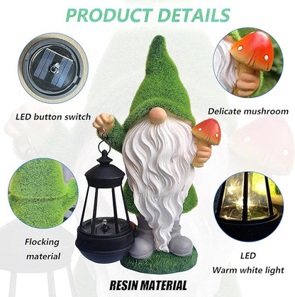 Gnomes Solar Garden Statues,Resin Gnome Figurine Decorations Holding Mushroom and Solar Lights Lantern, Outdoor Figurines Lawn Garden Statue Decor Art for Lawn,Yard, Balcony Ornament.