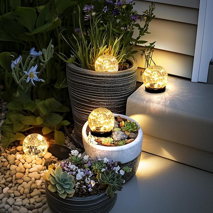 Solar Lights Outdoor for Yard Patio Porch, Garden Decor Birthday Gifts for Mom Women, Solar Globe Lights Waterproof Cracked Glass Ball Outdoor Decorations Balcony Backyard (2 Pack Warm White)