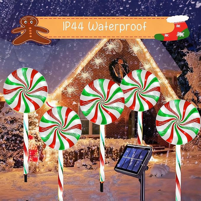 Christmas Solar Lollipop Pathway Lights 5 Pack Outdoor Candy Cane Stake Light with Bow Waterproof Walkway Xmas Outsides Garden Yard Lighting Landscape Decorative Decoration