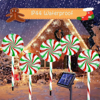 Christmas Solar Lollipop Pathway Lights 5 Pack Outdoor Candy Cane Stake Light with Bow Waterproof Walkway Xmas Outsides Garden Yard Lighting Landscape Decorative Decoration