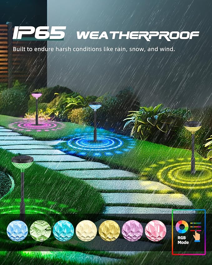 6 Pack Solar Garden Lights, RGB + Warm White LED, Solar Powered Outdoor Lights for Yard, Lawn, Walkway, Christmas & | Lumora