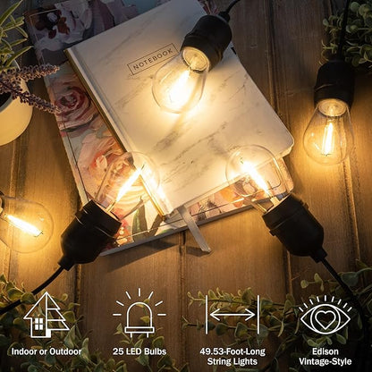 Outdoor String Lights - 50 Ft Patio Lights with 24 Vintage-Style LED Edison Bulbs and Hanging Sockets for Porch, Backyard, and Events by Pure Garden