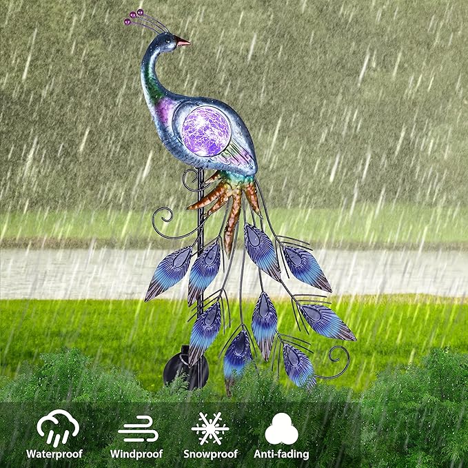 TERESA'S COLLECTIONS Solar Garden Lights Outdoor Garden Decor, Metal Peacock Decorations for Yard, 33'' Purple | Lumora