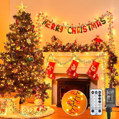Minetom 50 Ft 1000 LED Cluster Lights Christmas Tree Lights Outdoor Christmas Firecrackers String Lights, 12 Modes Timer Remote Waterproof Plug in Twinkle Lights for Xmas Tree Party, Red ＆ Warm White