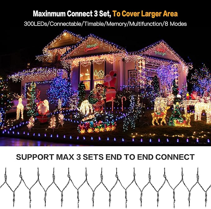 AmyHomie Multicolor Christmas Lights Outdoor, 300LED Lights with 8 Lighting Modes, End to End Connectable Fairy | Lumora