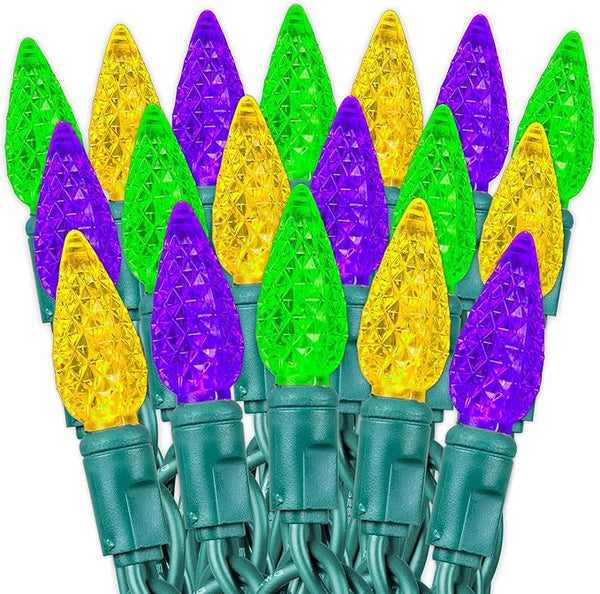 70 Light 24Ft Mardi Gras Lights Commercial String Lights C6 LED Strawberry Faceted Bulb – Yellow/Purple/Green | Lumora