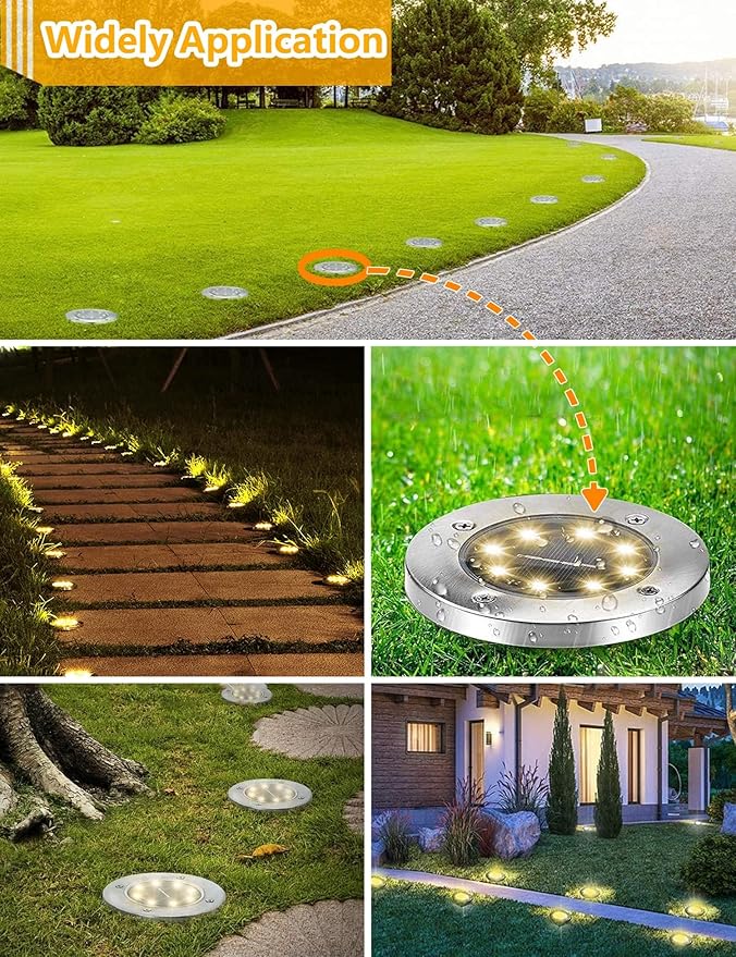 Solar Ground Lights for Outdoor Garden – 8 LED Waterproof Disk Lights, Warm White In-Ground Landscape Lighting for | Lumora