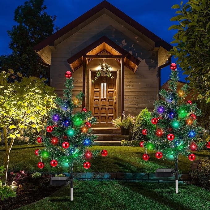 Baquler 2 Pcs Solar Christmas Tree Garden Stake Lights Outdoor Christmas Tree Yard Decorations Multicolor Solar Stakes for Pathway Lawn Patio Xmas Ornament(Bell Style)