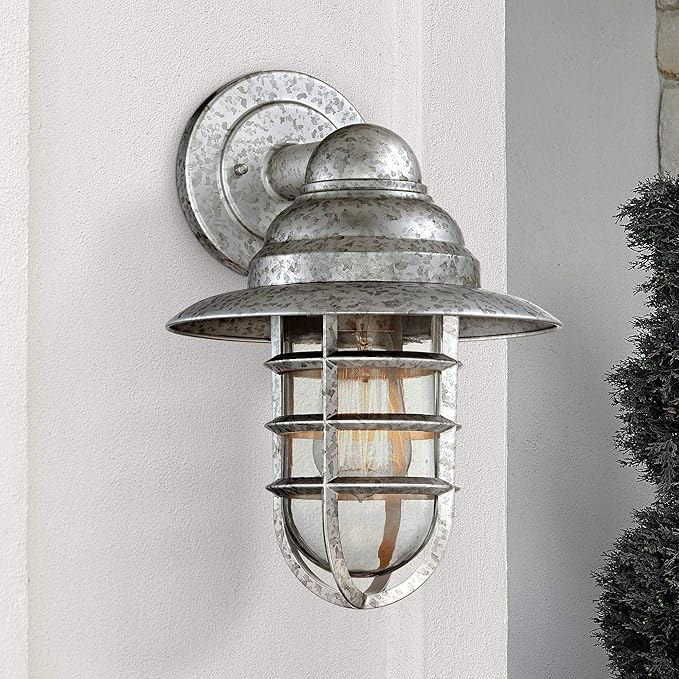John Timberland Marlowe Rustic Industrial Farmhouse Outdoor Wall Light Fixture Galvanized Hooded Cage 13" Clear Glass for Exterior Barn Deck House Porch Yard Patio Outside Garage Front Door