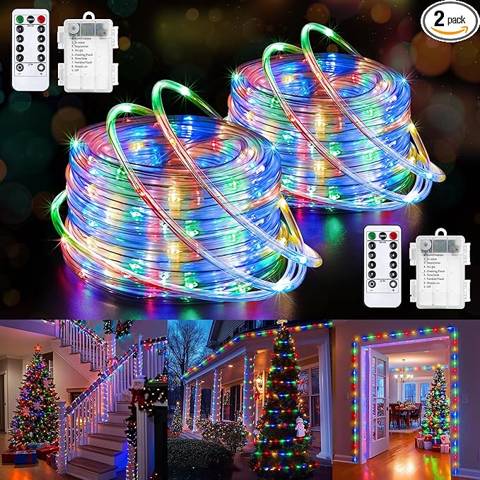 Jnaurb 2-Pack Battery Operated Rope Lights for Outside, Total 66FT 200LED 8 Modes Battery Operated String Lights, Waterproof Christmas Fairy Light with Remote for Outdoor Indoor Xmas Decor -Multicolor