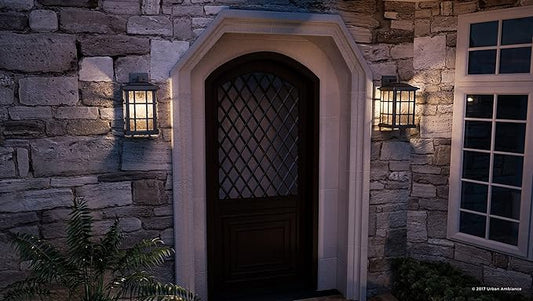 Urban Ambiance Luxury Craftsman Outdoor Wall Light, Medium Size: 17" H x 11" W, with Tudor Style Elements, Highly-Detailed Design, High-End Black Silk Finish and Water Glass, UQL1236