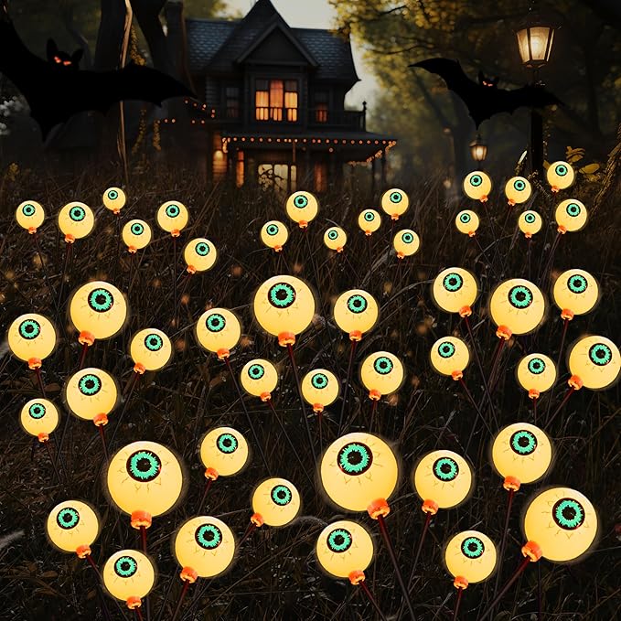 JOYIN Halloween Decorations Outdoor Solar Scary Eyeball Lights, 8 Pcs 48LEDs Warm Pathway Yard Stakes, Waterproof Firefly Lights for Halloween Graveyard Yard Garden Patio Walkway Party