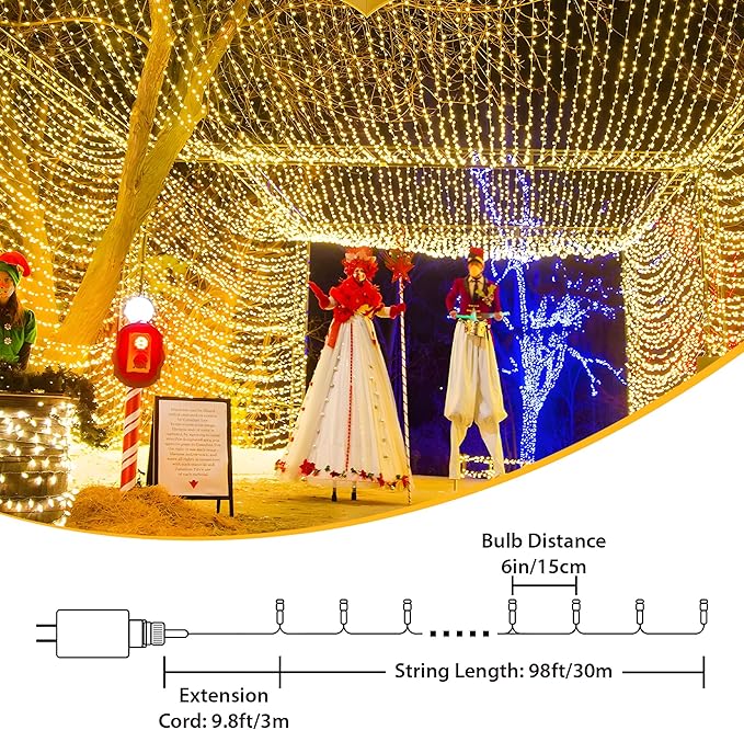 98FT 200 LEDs String Lights Waterproof Fairy Lights 8 Modes with Memory 30V Power Supply for Home, Garden, Wedding, Party, Christmas Decoration Indoor Outdoor (Warm White)