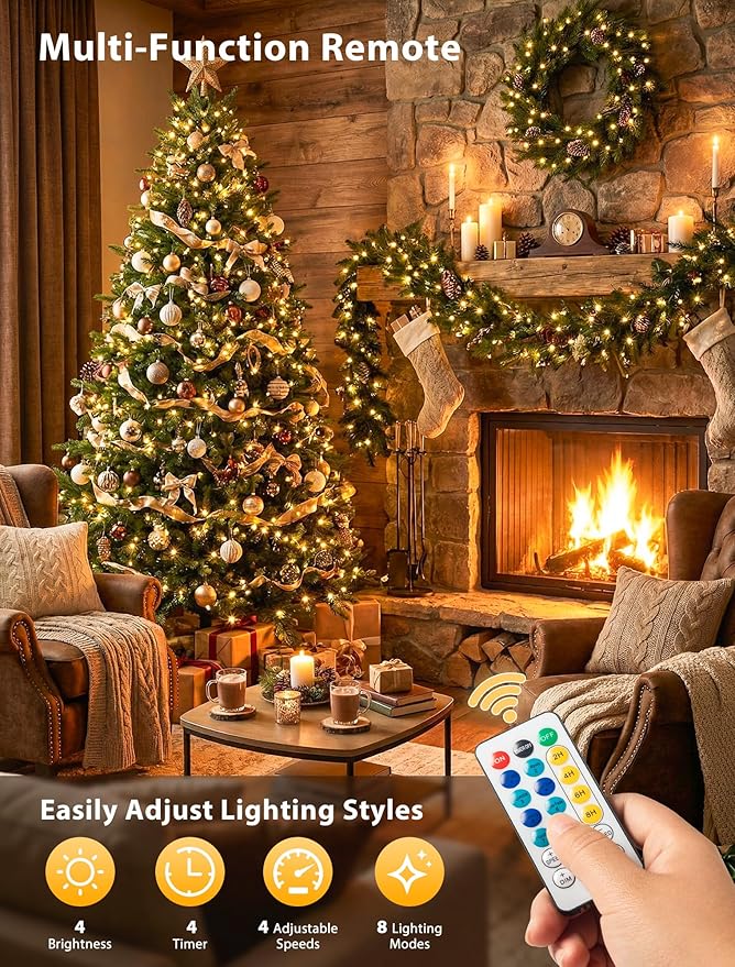 Hopolon String Lights Indoor Outdoor, 33 FT 100 LED Connectable Green Wire Twinkle Fairy Lights, Plug in Christmas Light Waterproof for Wedding Party Patio Spring Decor (Warm White with Remote)