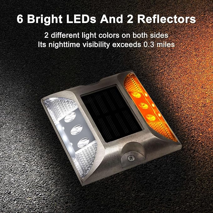 Aolyty Solar Driveway Lights Outdoor, Bright Solar Dock Lights, LED Warning Lights Reflective Road Marker Steady Light IP65 Waterproof for Deck Sidewalk Stair Step Pathway (Yellow & White, 2 Pack)
