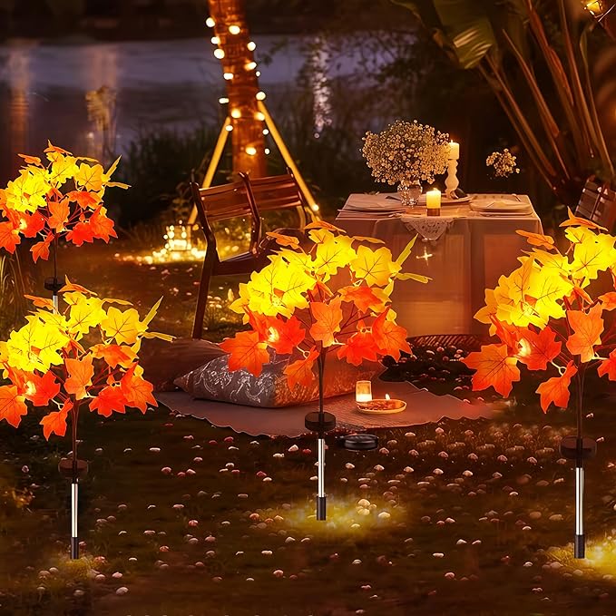 Fall Solar Lights Outdoor Decorative, 2Pack 40LED Solar Fall Lights Waterproof for Yard & Garden,Fall Outdoor Decorations for Yard, Maple Leaf Thanksgiving Halloween Christmas Grave Décor (2 Pack)