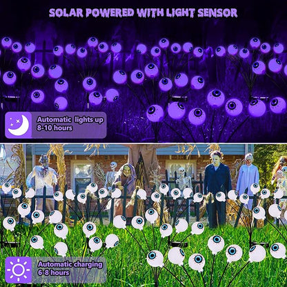 BrizLabs Halloween Eyeball Lights, 2 Pack 12 LED Solar Halloween Lights, 2 Modes Outdoor Spooky Walkway Light, Purple Swinging Firefly Light, Outside Purple Pathway Lighting for Yard Garden Lawn Party